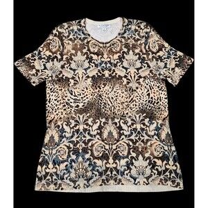 St.John Size Medium Knit Sweater Short Sleeve Floral Pullover Round Neck Santana